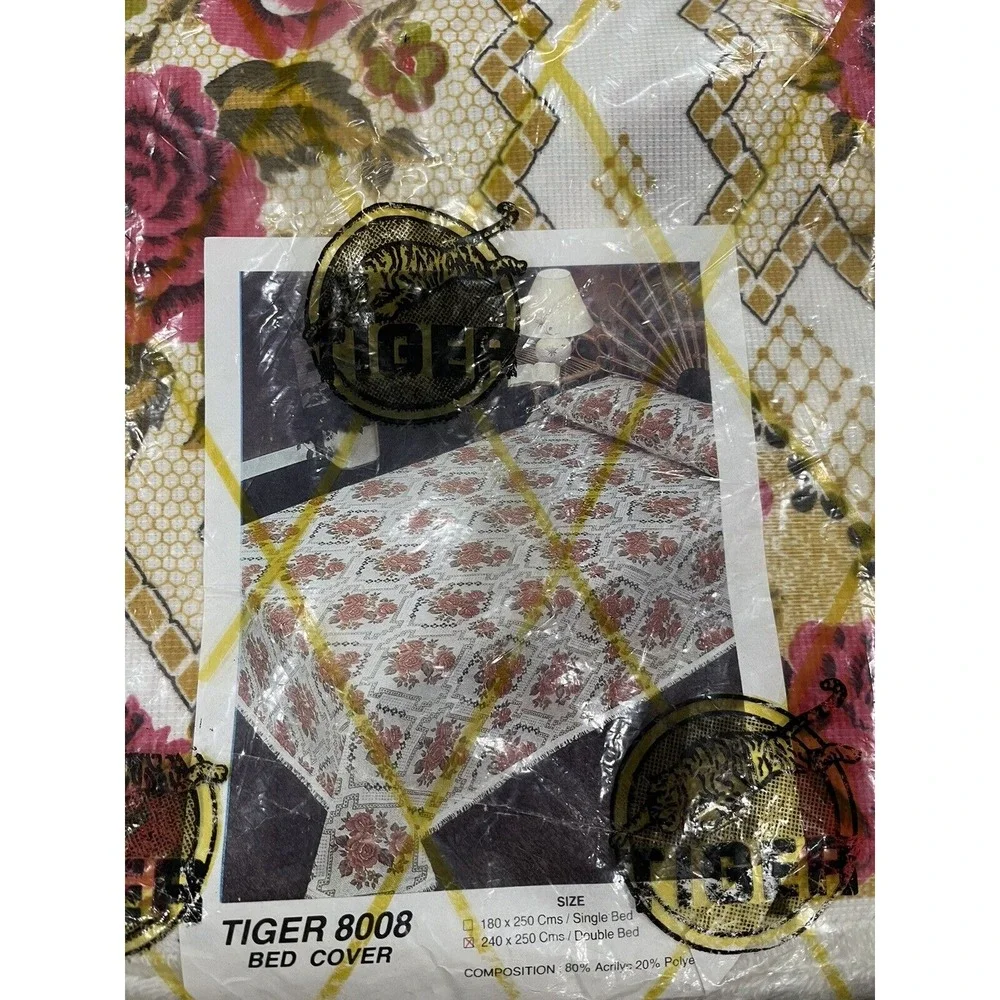 Bedspread Tapestry Pink Roses Gold Floral‎ Cover Fringe Double Vintage NOS